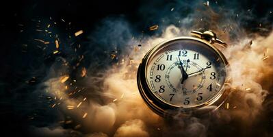 Burning alarm clock on fire background. Time is running out concept. AI Generative photo