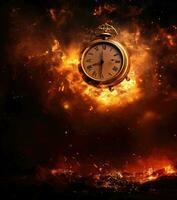 Burning alarm clock on fire background. Time is running out concept. AI Generative photo