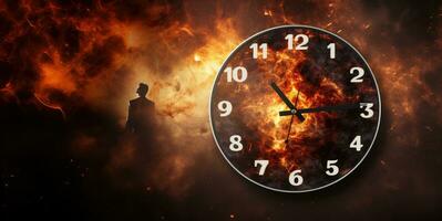 Burning alarm clock on fire background. Time is running out concept. AI Generative photo