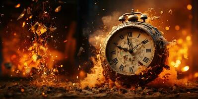 Burning alarm clock on fire background. Time is running out concept. AI Generative photo