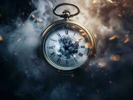 Burning alarm clock on fire background. Time is running out concept. AI Generative photo