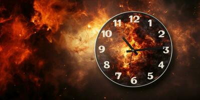 Burning alarm clock on fire background. Time is running out concept. AI Generative photo