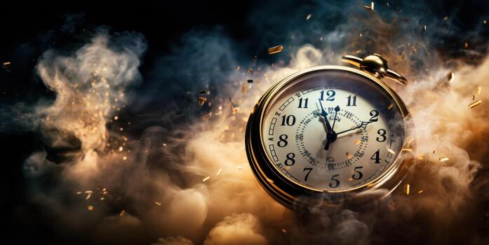Burning alarm clock on fire background. Time is running out concept. AI Generative photo