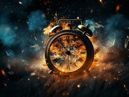 Burning alarm clock on fire background. Time is running out concept. AI Generative photo