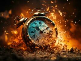 Burning alarm clock on fire background. Time is running out concept. AI Generative photo