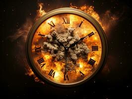 Burning alarm clock on fire background. Time is running out concept. AI Generative photo