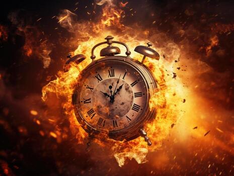Burning alarm clock on fire background. Time is running out concept. AI Generative photo