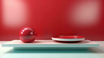 Abstract scene podium for product presentation. 3D render. Red background. AI Generative photo