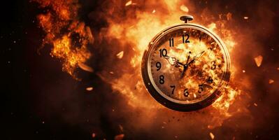 Burning alarm clock on fire background. Time is running out concept. AI Generative photo