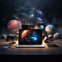 ordenador portátil en el mesa en contra el antecedentes de el planeta y el universo. ai generativo foto