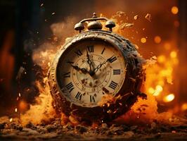 Burning alarm clock on fire background. Time is running out concept. AI Generative photo