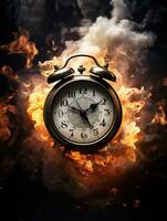 Burning alarm clock on fire background. Time is running out concept. AI Generative photo