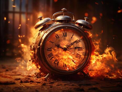 Burning alarm clock on fire background. Time is running out concept. AI Generative photo