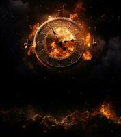 Burning alarm clock on fire background. Time is running out concept. AI Generative photo