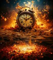 Burning alarm clock on fire background. Time is running out concept. AI Generative photo