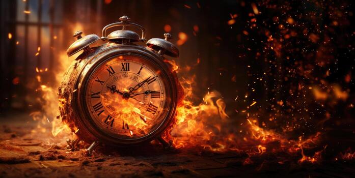 Burning alarm clock on fire background. Time is running out concept. AI Generative photo