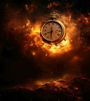 Burning alarm clock on fire background. Time is running out concept. AI Generative photo