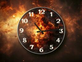Burning alarm clock on fire background. Time is running out concept. AI Generative photo