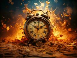 Burning alarm clock on fire background. Time is running out concept. AI Generative photo