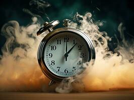 Burning alarm clock on fire background. Time is running out concept. AI Generative photo