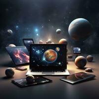 Laptop on the table against the background of the planet and the universe. AI Generative photo