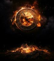 Burning alarm clock on fire background. Time is running out concept. AI Generative photo