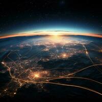 Network of connections over the planet Earth in space. 3D rendering. AI Generative photo