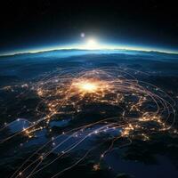 Network of connections over the planet Earth in space. 3D rendering. AI Generative photo