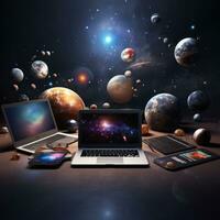 Laptop on the table against the background of the planet and the universe. AI Generative photo