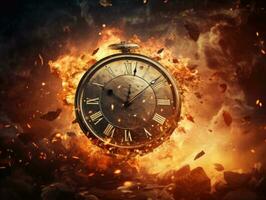 Burning alarm clock on fire background. Time is running out concept. AI Generative photo