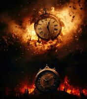 Burning alarm clock on fire background. Time is running out concept. AI Generative photo