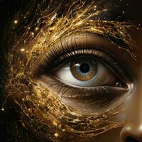 Beautiful woman's eye with golden hair in space. Collage. AI Generative photo