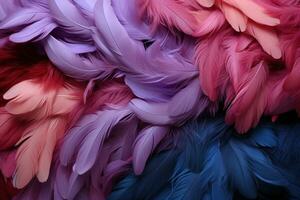 Multicolored feathers background. Close-up of colorful feathers. AI Generative photo