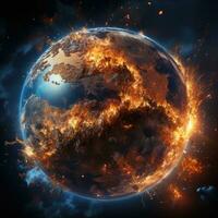 Earth burning in flames. Global warming concept. Elements of this image furnished by NASA. AI Generative photo