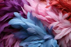 Multicolored feathers background. Close-up of colorful feathers. AI Generative photo