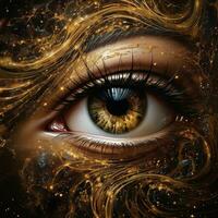 Beautiful woman's eye with golden hair in space. Collage. AI Generative photo