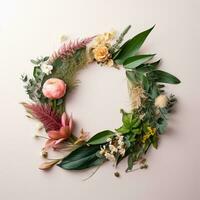 Beautiful floral wreath on pink background. Flat lay, top view. copy space. AI Generative photo