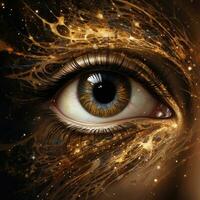 Beautiful woman's eye with golden hair in space. Collage. AI Generative photo