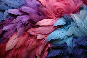 Multicolored feathers background. Close-up of colorful feathers. AI Generative photo