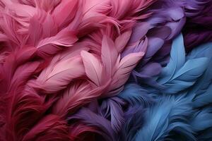 Multicolored feathers background. Close-up of colorful feathers. AI Generative photo