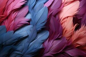 Multicolored feathers background. Close-up of colorful feathers. AI Generative photo