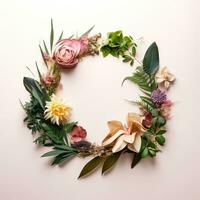 Beautiful floral wreath on pink background. Flat lay, top view. copy space. AI Generative photo