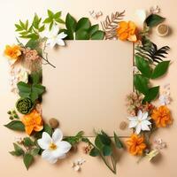 Flowers composition. Frame made of flowers, leaves and fruits on orange background. Flat lay, top view, copy space. AI Generative photo