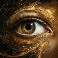 Beautiful woman's eye with golden hair in space. Collage. AI Generative photo