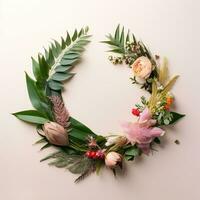 Beautiful floral wreath on pink background. Flat lay, top view. copy space. AI Generative photo