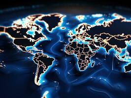 Map of the world with glowing lines on dark background. 3d rendering. AI Generative photo