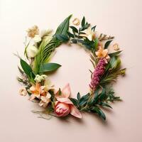 Beautiful floral wreath on pink background. Flat lay, top view. copy space. AI Generative photo