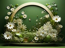 3D Render Floral Wreath, 3D Illustration. Floral wreath with flowers and leaves.Beautiful background with copy space. AI Generative photo