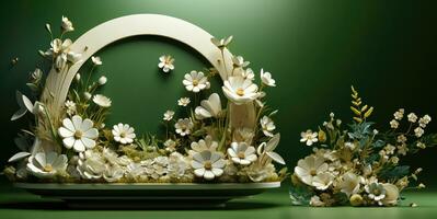 3D Render Floral Wreath, 3D Illustration. Floral wreath with flowers and leaves.Beautiful background with copy space. AI Generative photo