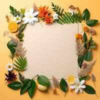 Flowers composition. Frame made of flowers, leaves and fruits on orange background. Flat lay, top view, copy space. AI Generative photo